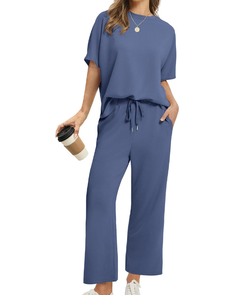 Solid Color Crew Neck Short-Sleeved Suit