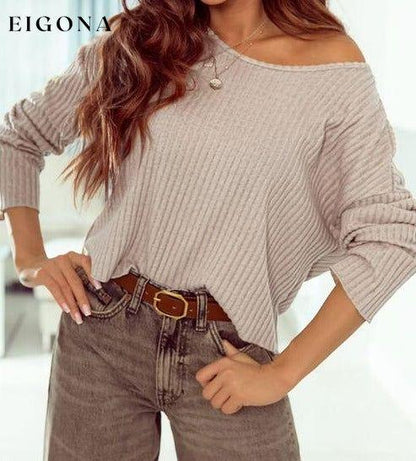 Ribbed Round Neck Drop Shoulder Long Sleeve Top clothes long sleeve shirt long sleeve shirts long sleeve top long sleeve tops Ship From Overseas shirt shirts Sweater sweaters SYNZ top tops