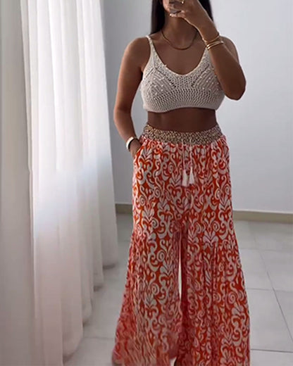 Printed Drawstring Wide-Leg Pants