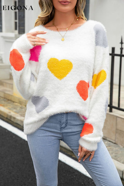 Heart Pattern Round Neck Long Sleeve Sweater White clothes Ship From Overseas Sweater sweaters Sweatshirt trend Y.S.J.Y