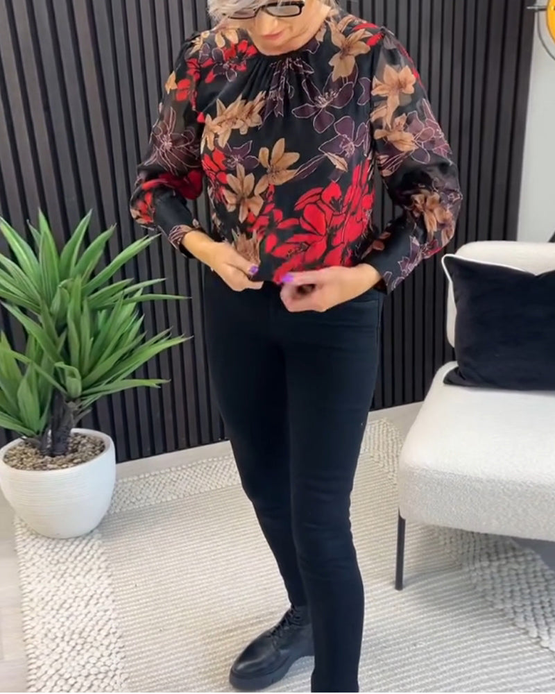 Elegant floral print crew neck pleated top 2024 f/w blouses & shirts