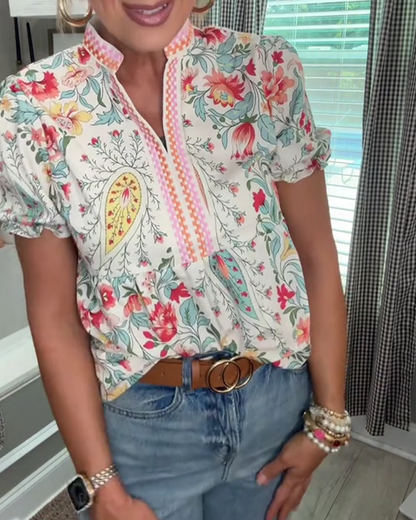 Floral Stand Collar Puff Sleeve Blouse
