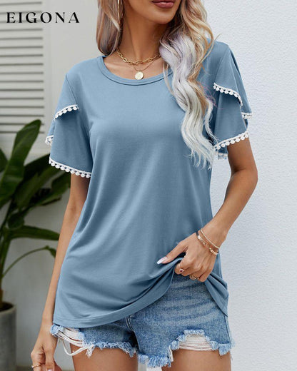 Round Neck T-shirt with Short Sleeves Blue 23BF clothes Short Sleeve Tops Spring Summer T-shirts Tops/Blouses