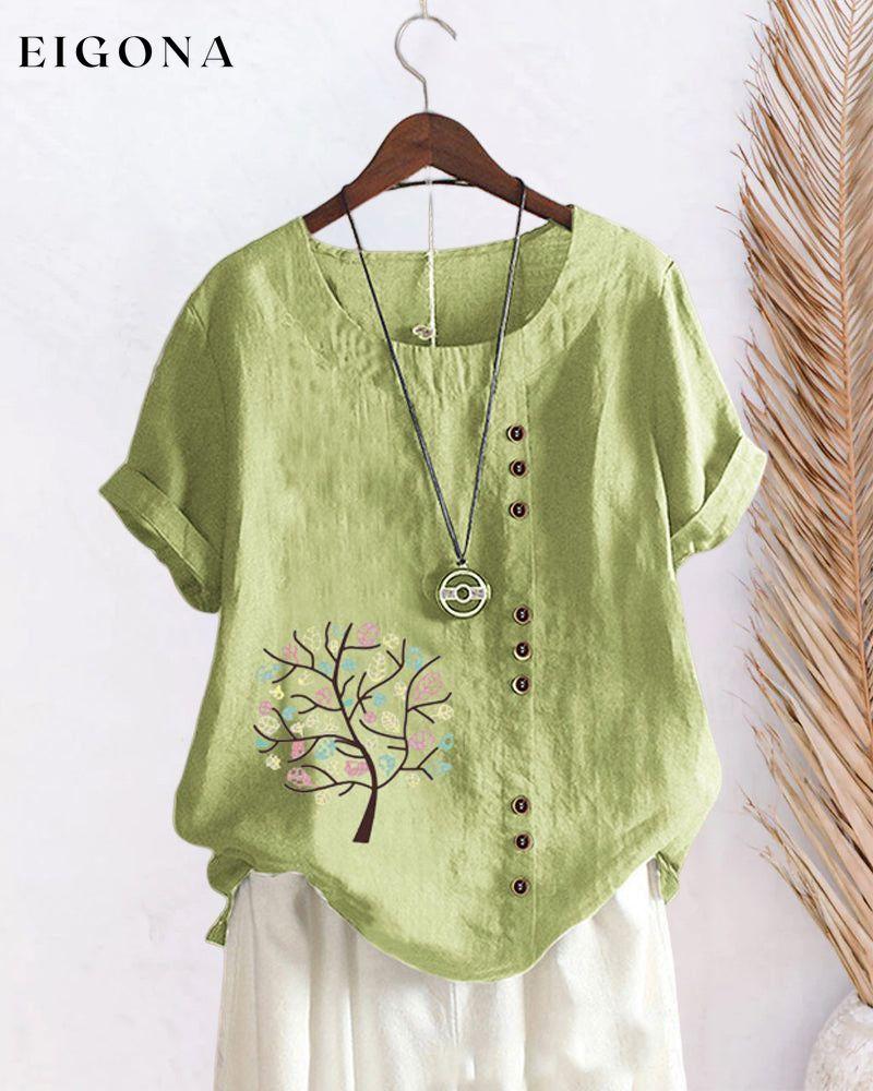 Cut Out Midi Dress with Solid Color Green 23BF clothes Cotton and Linen Short Sleeve Tops T-shirts Tops/Blouses