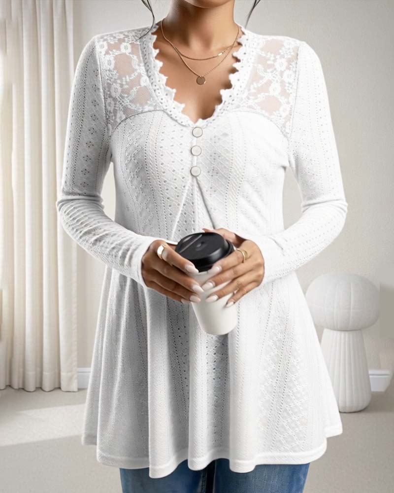 Lace Panel V-Neck Button-Down Top