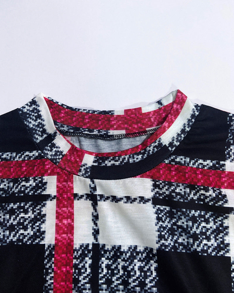 Plaid Round Neck Long Sleeve Bodycon Dress