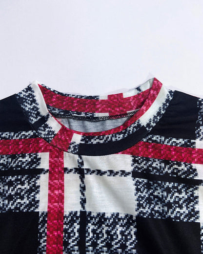 Plaid Round Neck Long Sleeve Bodycon Dress