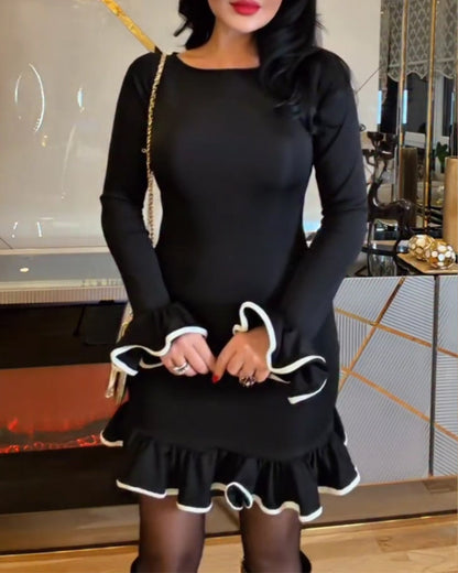 Slim-Fit Color-Block Lace Flounce Dress