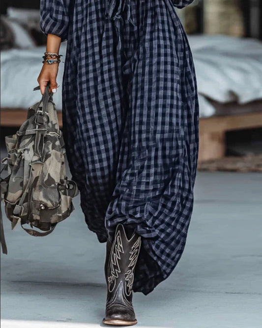 Fashionable Plaid Lapel Tie Dress