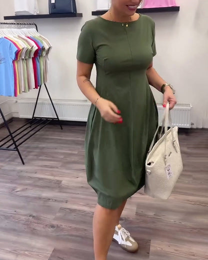 Round Neck Solid Color Waist Pocket Dress