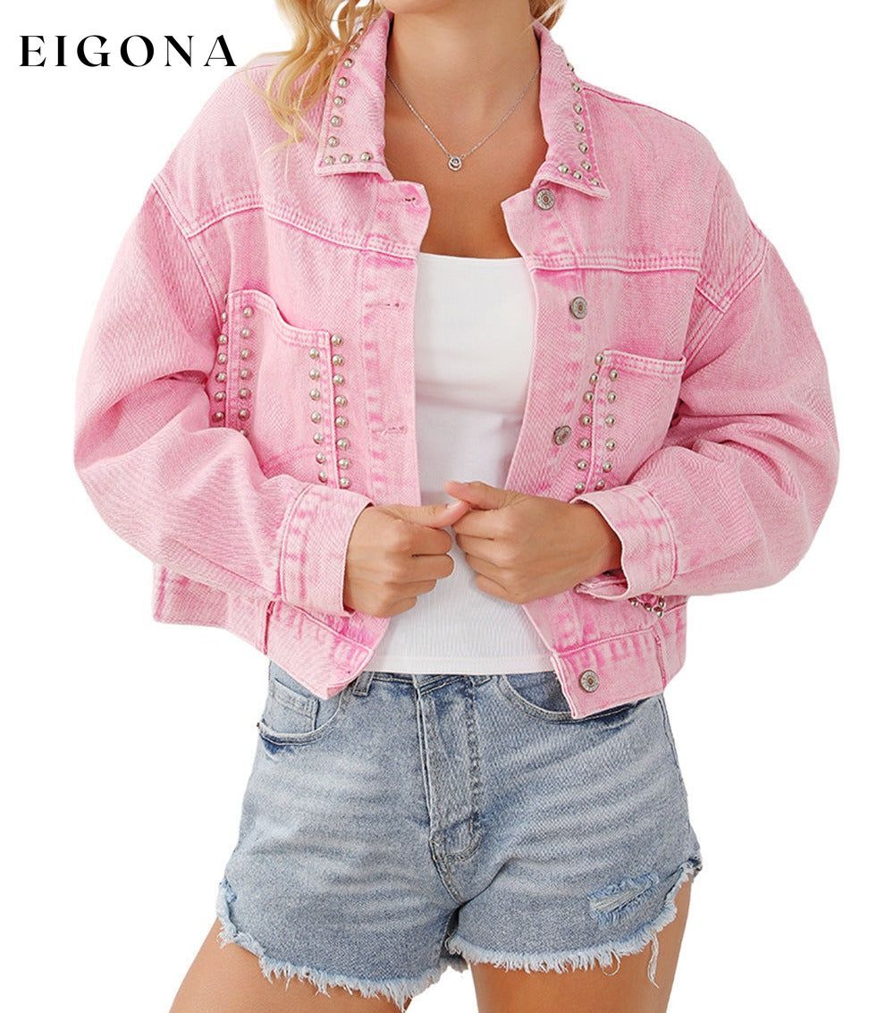 Pink Rivet Studded Pocketed Pink Denim Jacket All In Stock Category Shacket clothes Color Pink Craft Rhinestone Day Valentine's Day Fabric Denim Jackets & Coats Occasion Daily Print Solid Color Season Winter