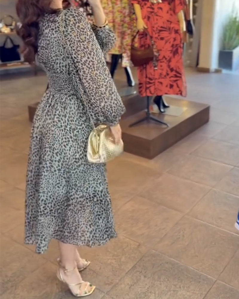 Puff Sleeve V-Neck Printed Dress