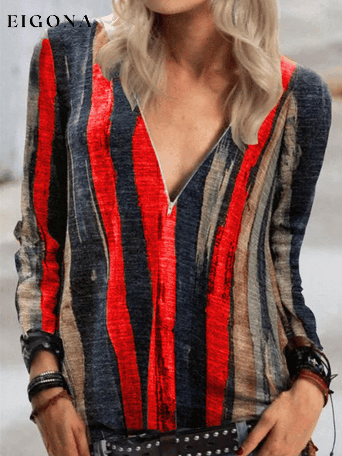 Women's Tie Dyed Striped V-neck Zip Shirt top tops