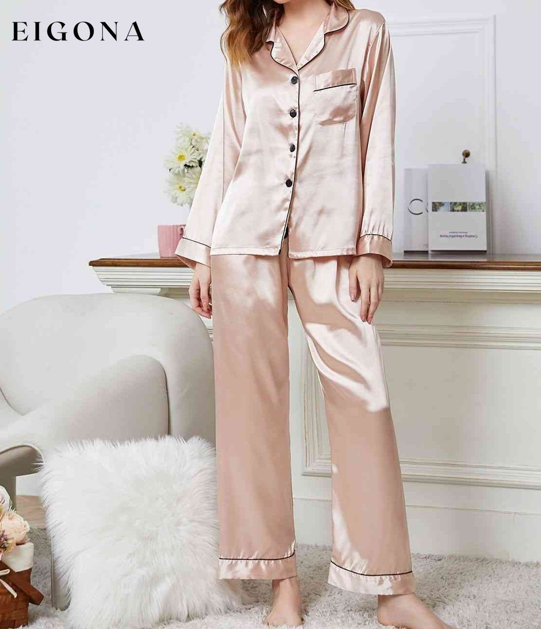 Lapel Collar Long Sleeve Top and Pants Pajama Set Eggshell clothes Daniel.L lounge wear loungewear pajamas Ship From Overseas