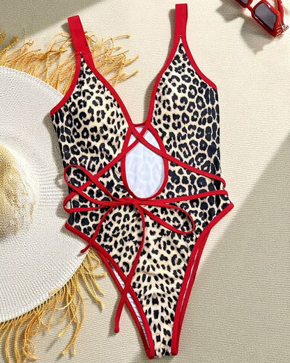 Color-Blocked Leopard Print One-Piece Swimsuit