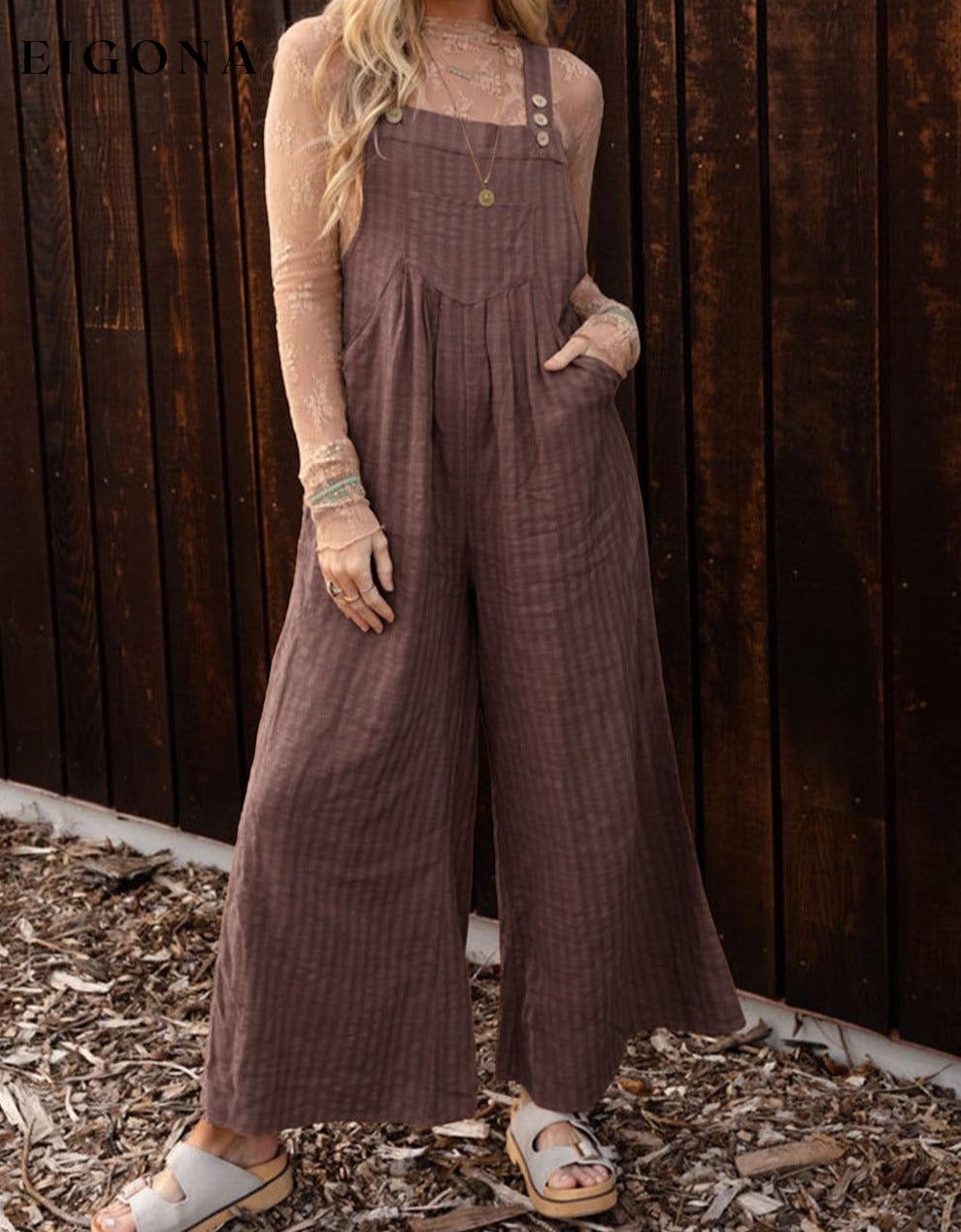 Chicory Coffee Striped Pleated Wide Leg Pocketed Jumpsuit clothes Jumper Jumpsuit JUMPSUITS & ROMPERS Rompers Stripe tops