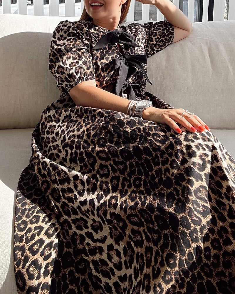 Vintage leopard print bow elegant dress 202466 casual dresses summer