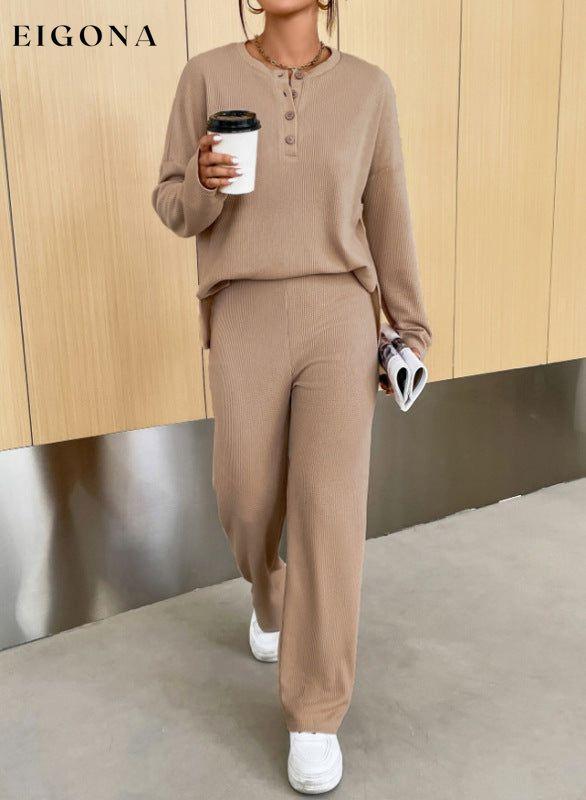 Women's casual round neck pullover sweatshirt and trousers two-piece set Khaki clothes lounge wear lounge wear sets loungewear loungewear sets