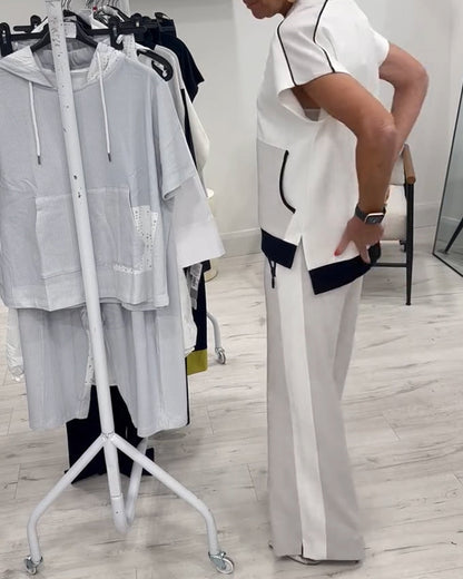 V-Neck Color Matching Slit Casual Suit