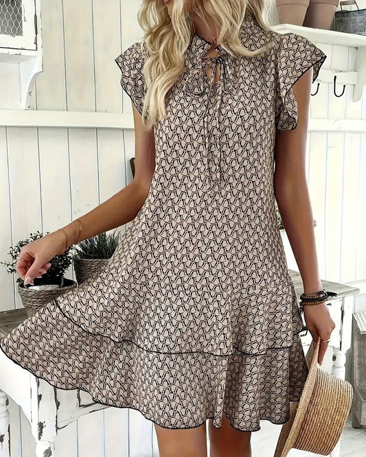 Ruffled Geometric Print Tie Dress