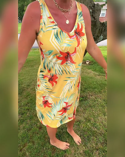 Ärmelloses, gerades Kleid mit V-Ausschnitt und Blumenmuster