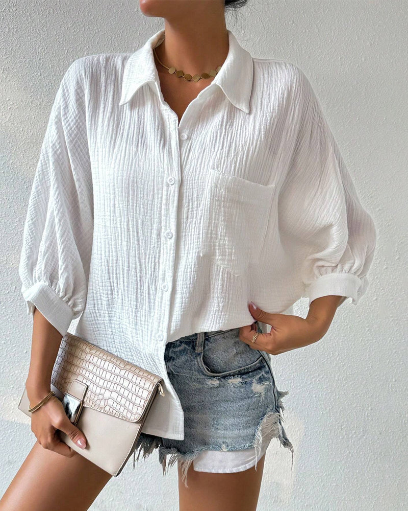 Einfarbiges Hemd mit Revers, Plissee und Laternenärmeln