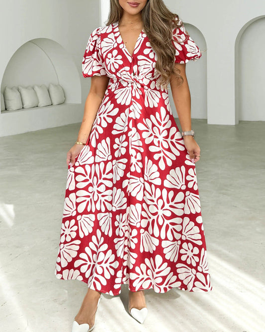 Elegant printed V-neck lantern sleeve dress 202466 casual dresses summer