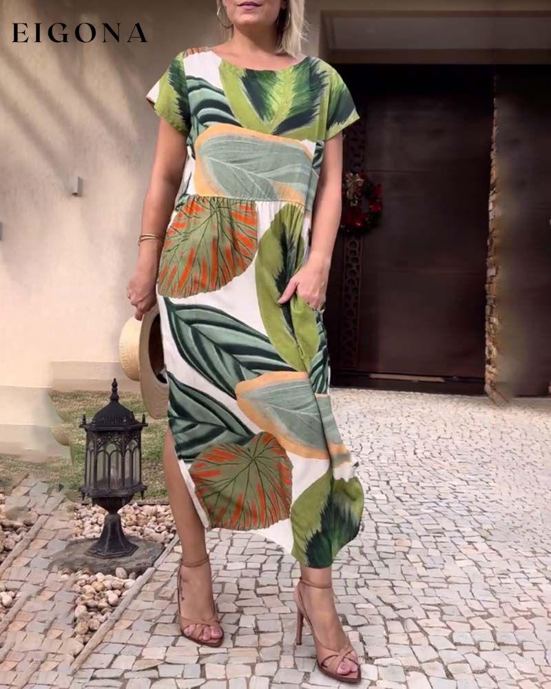 Leaf print short sleeve slit dress casual dresses summer