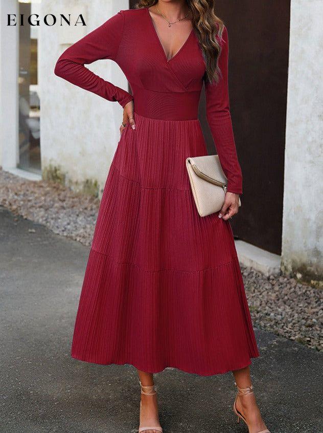 Surplice Neck Long Sleeve Smocked Waist Midi Dress Deep Red clothes DY Ship From Overseas trend