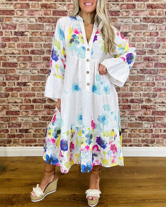 Colorful floral print bell sleeve casual dress 202466 casual dresses spring summer