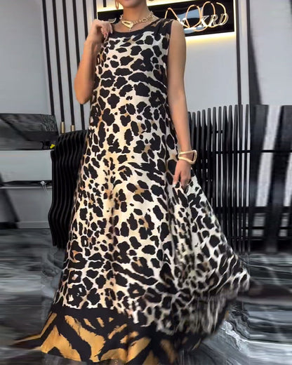 Elegante abito senza maniche con stampa leopardata