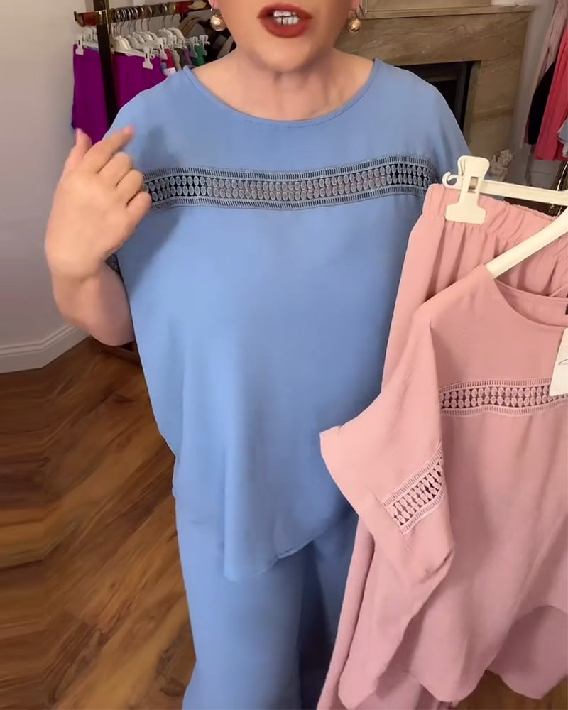 Lässiges Set mit Rüschenärmeln und Rundhalsausschnitt