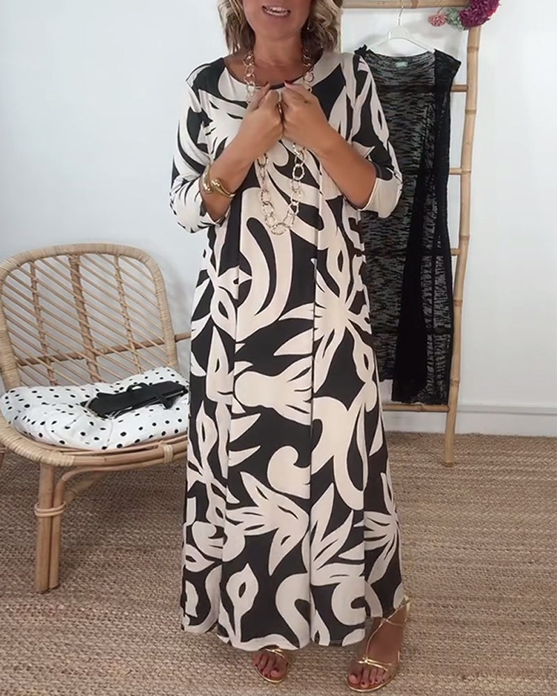 Abito stampato a maniche lunghe con scollo tondo