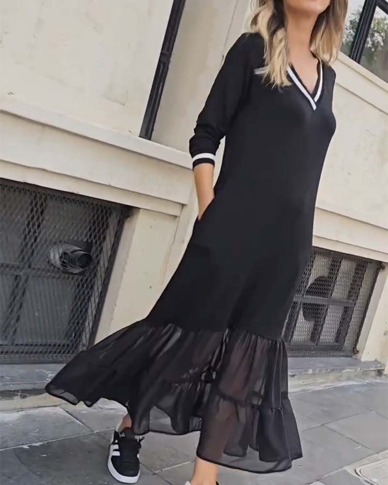 V-Neck Long-Sleeved Mesh Patchwork Dress 2024 f/w dresses