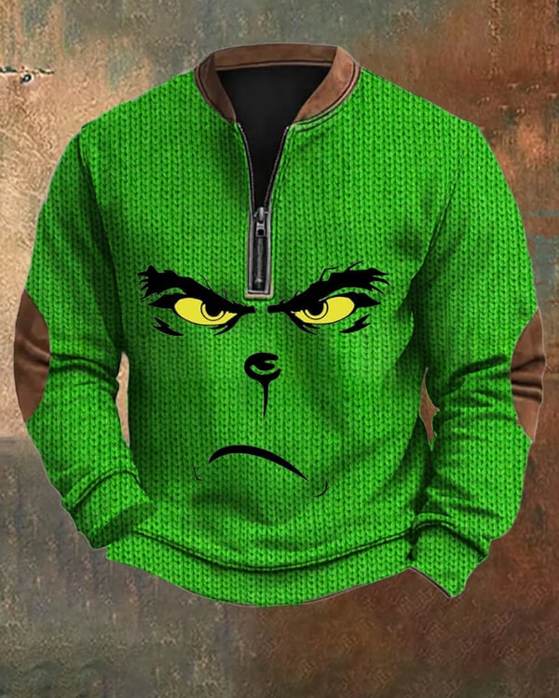 Men's Woolen Christmas Print Zip-Up Sweatshirt 2024 f/w Green Grinch grinch sweatshirts