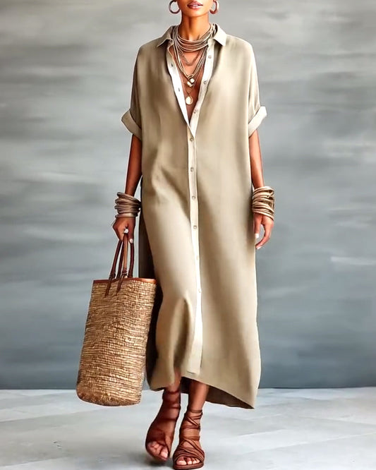 Elegant Lapel-Collar Draped Shirt Dress