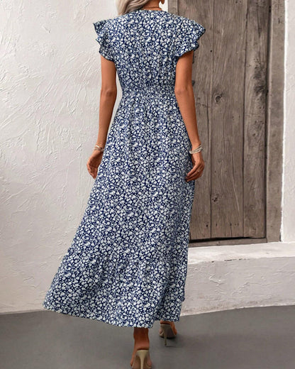 Floral print V-neck ruffled waist maxi dress casual dresses summer vacation dresses