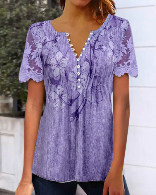 Camicetta stampata con scollo rotondo e pannello in pizzo