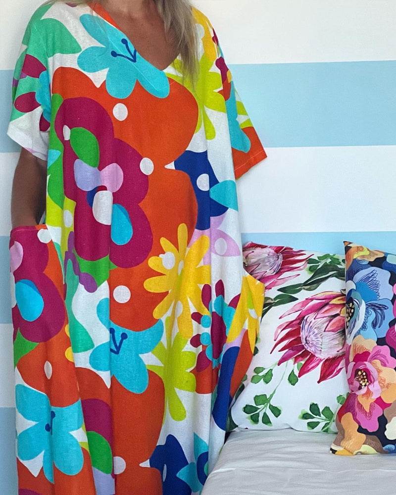 Colorful floral print V-neck pocket dress casual dresses summer