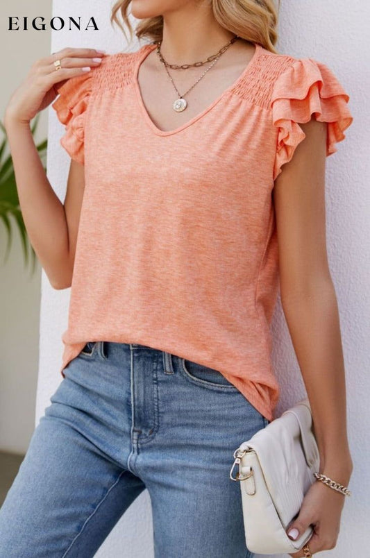 Smocked Flutter Sleeve V-Neck Top Sherbet clothes Lamy Ship From Overseas Shipping Delay 09/29/2023 - 10/02/2023 shirt shirts short sleeve top tops trend