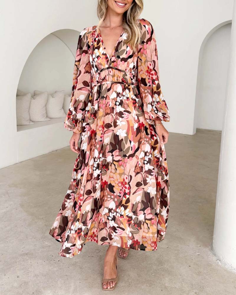 Elegant floral print lantern sleeve dress 2024 f/w casual dresses spring