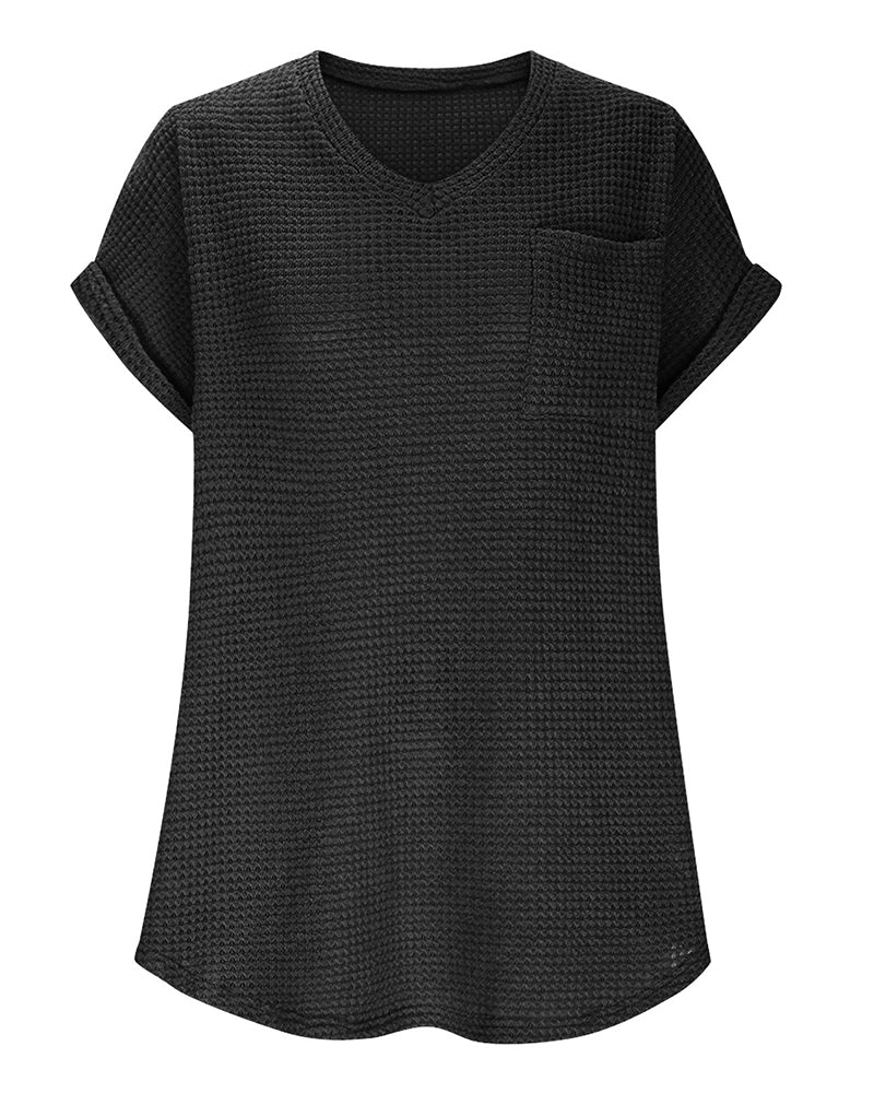 Women's Waffle Knit V-Neck Casual Summer T-shirt