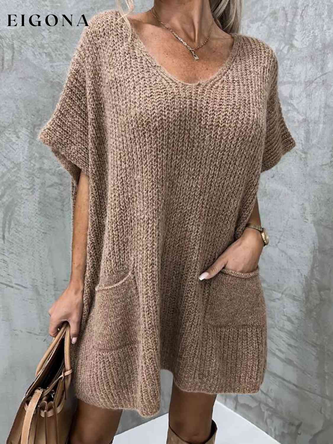 Short Sleeve Sweater Dress with Pockets Taupe A@Y@M clothes Ship From Overseas