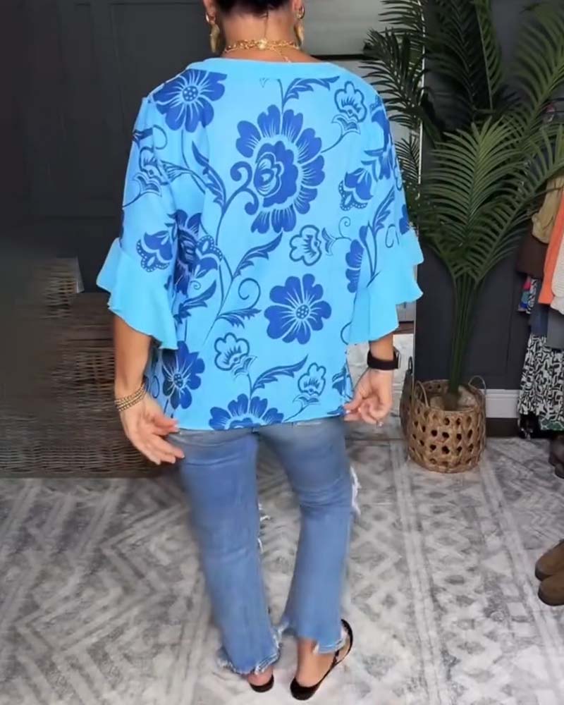 Loose Short-Sleeve Print Blouse