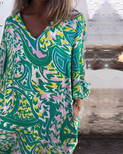 V-Neck Resort Print Long Sleeve Dress