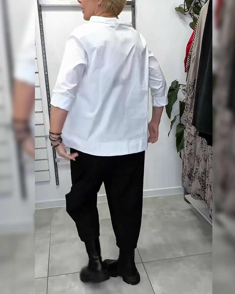 Wide-Collar Solid Color Casual Blouse