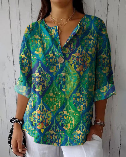 Vintage printed V-neck three-quarter sleeve blouse 202466 blouses & shirts spring summer