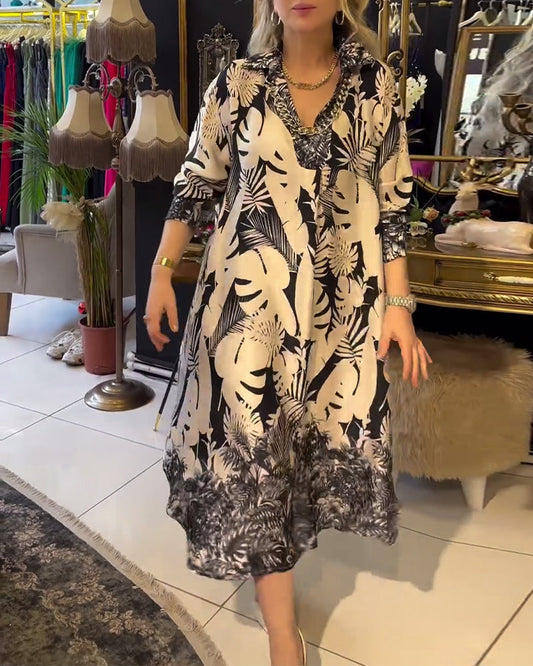 Leaf print lapel slit dress casual dresses spring summer