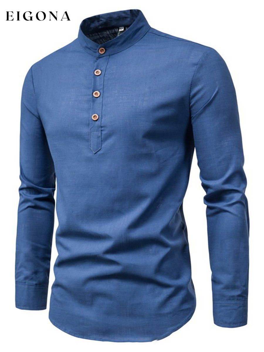 Men's Solid Color Button Stand Collar Long Sleeve Cotton Linen POLO Shirt men s linens