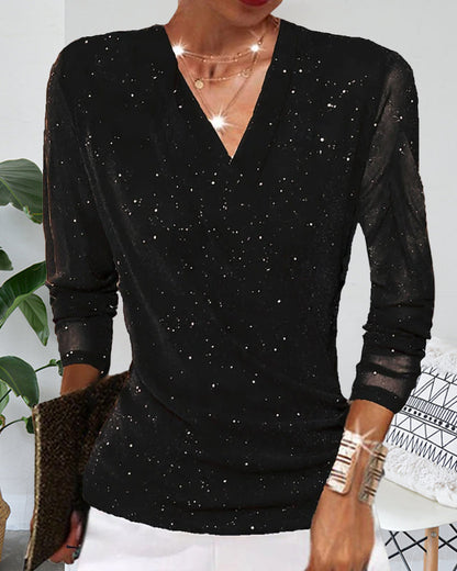 V-Neck Mesh Sequin Temperamental Top